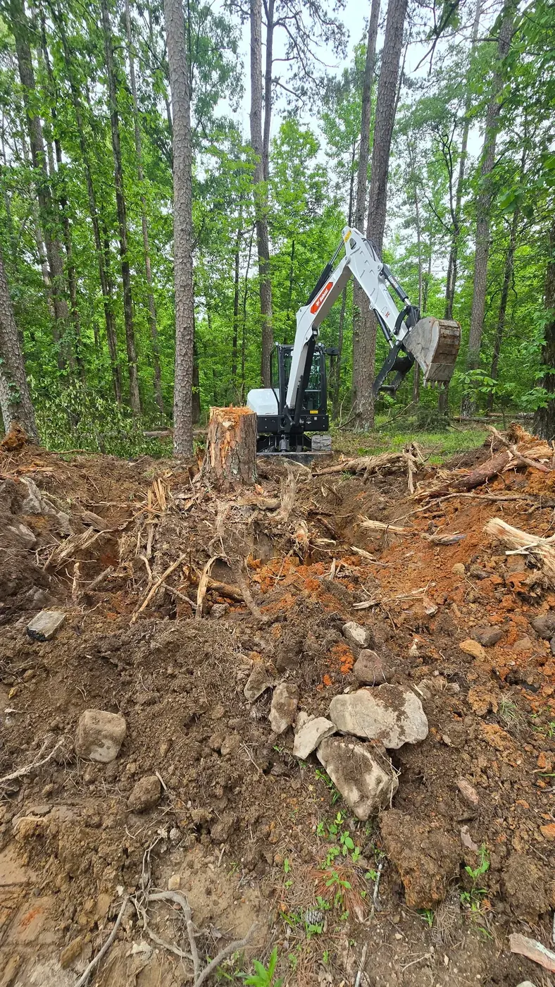 Excavator digging out a stump